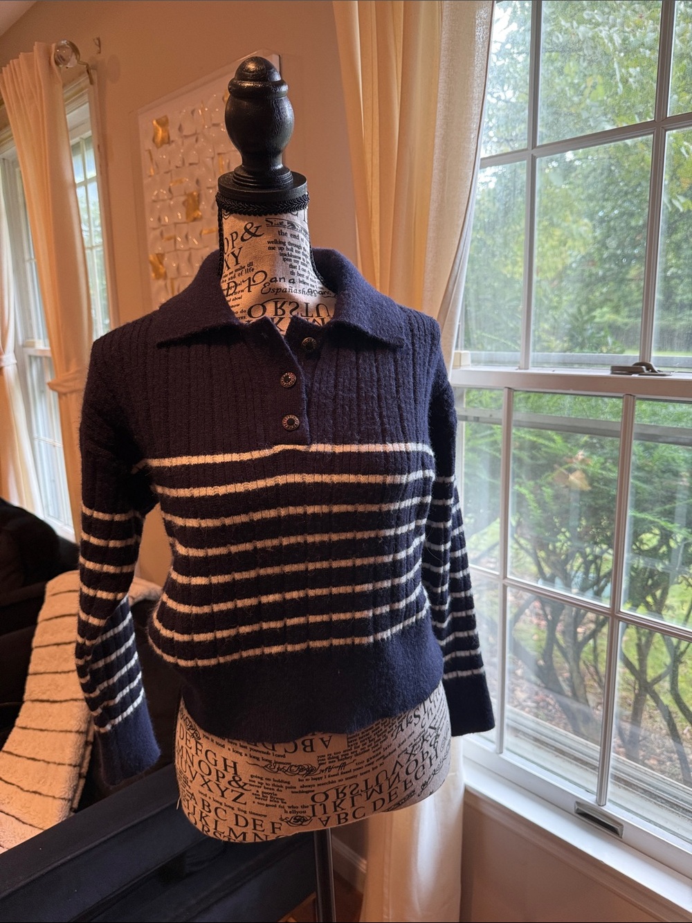 Simple Retro Striped Navy and White Polo Sweater - Women